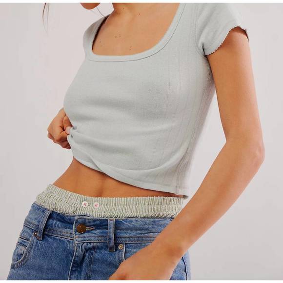 NEW FREE PEOPLE end game pointelle baby tee in pale aqua - Picture 1 of 3